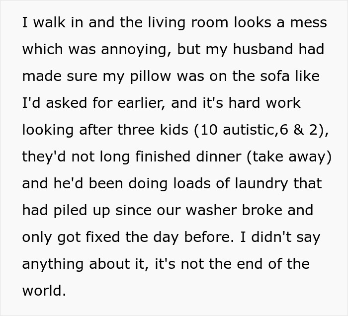 Text about a woman returning home, seeing laundry done by her husband amidst family challenges.