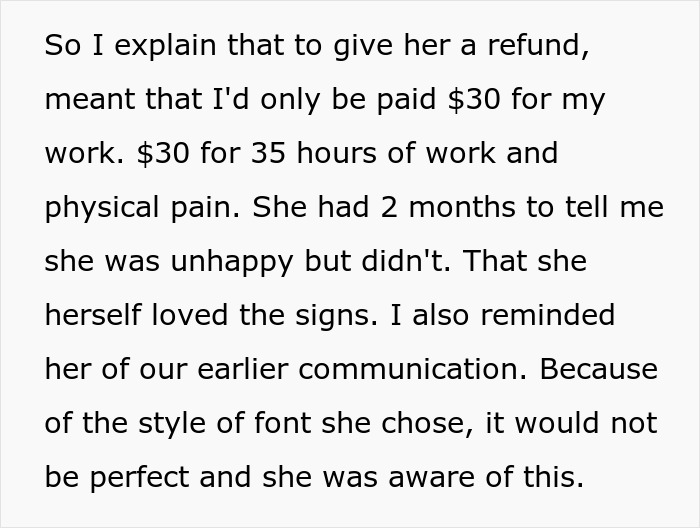 Text screenshot discussing a refund request from a dissatisfied bride months after the wedding.