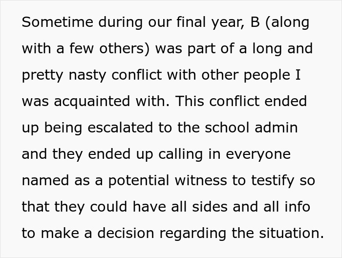 Text describing a conflict escalating to school admin, with potential witnesses called to testify, related to petty revenge.