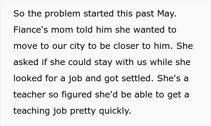 Text about fiance's mom moving in, leading to issues; woman feels driven out of her apartment by a difficult mother-in-law.