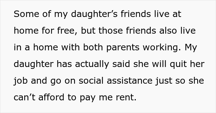 Text image discussing mom asking adult children to pay rent, daughter considering quitting job to avoid it.