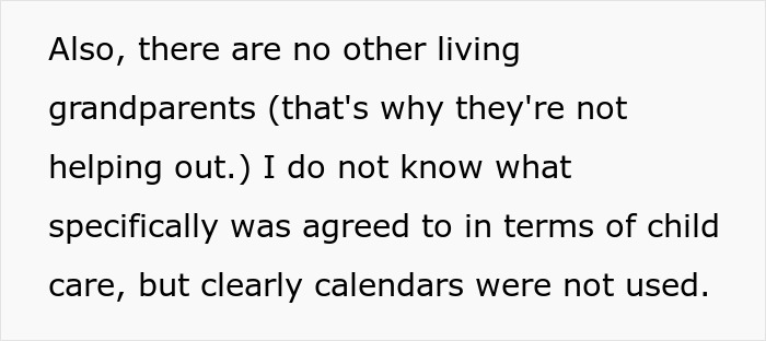 Text discussing lack of other grandparents and unclear childcare plans; implies calendars weren't used for scheduling.