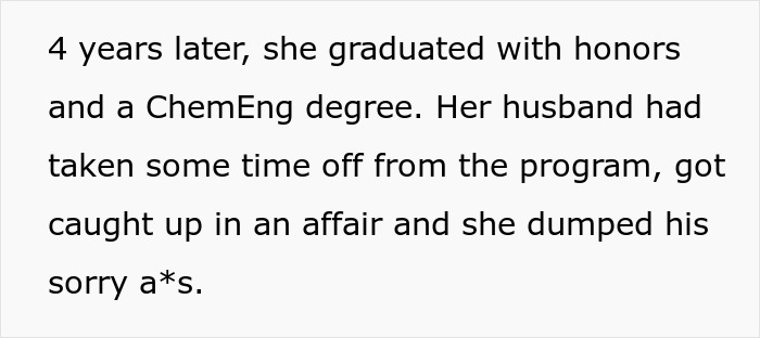 Text describing a woman's achievement, earning an engineering degree despite challenges, and leaving her husband.