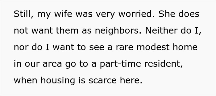 Text excerpt about concerns over in-laws becoming neighbors and housing scarcity.