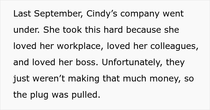 Text describing Cindy's company closure and her emotional response.