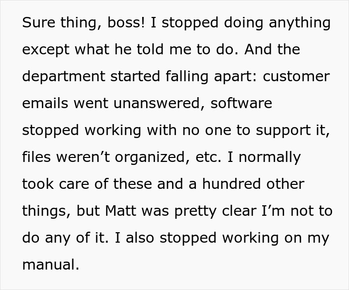 Employee text reveals chaos after boss tries to optimize company structure and staff, leading to worse outcomes.