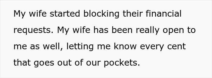 Text about wife blocking parents' financial requests, emphasizing transparency in expenses.