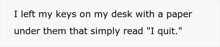 Paper with "I quit" note under keys on desk in a story about a toxic boss.