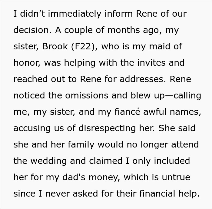 Text about family conflict over wedding invitations and stepmom's reaction to omissions.