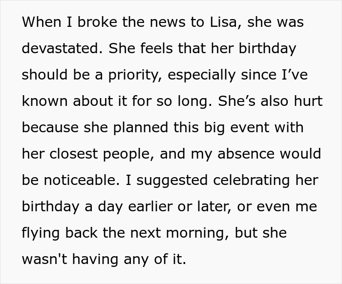 Text discussing a woman's ultimatum about prioritizing her birthday.