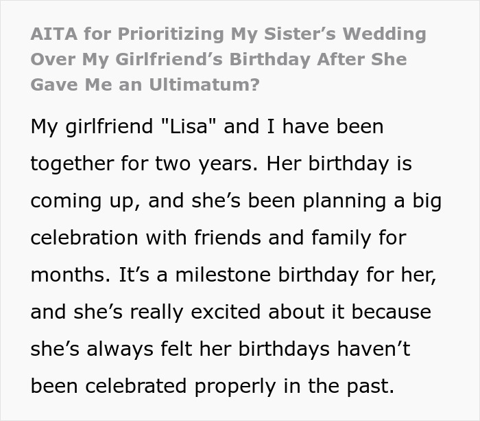 Text about a relationship ultimatum and a girlfriend's birthday celebration dilemma.