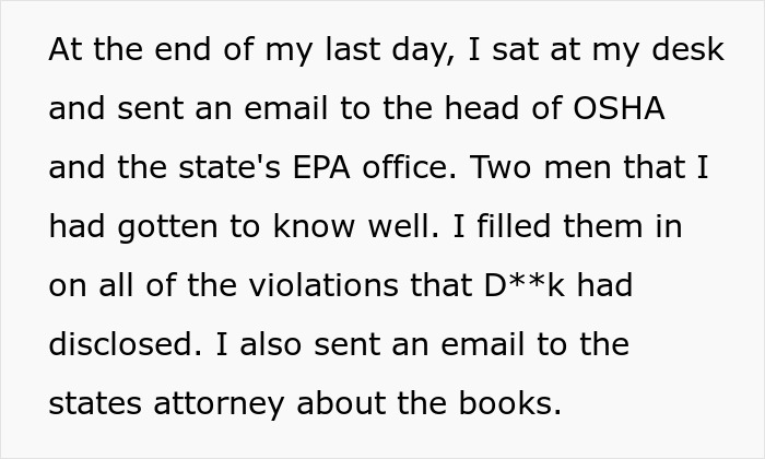 Text from an email revealing violations to OSHA and EPA, written during an employee's exit plan against a toxic boss.