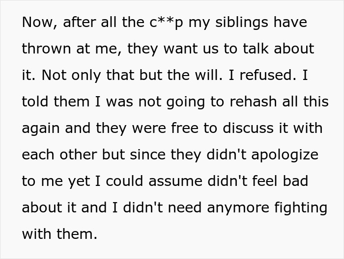 Text about siblings discussing a will and family conflict over a stepsister's relationship.