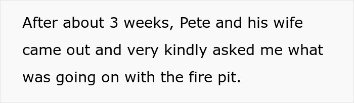 Text about a fire pit conversation with a neighbor in a yard.