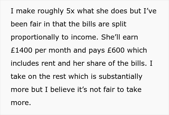 Text about splitting bills proportionally to income, highlighting financial issues between a couple.