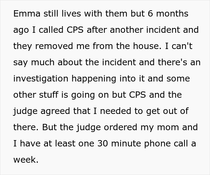 Text image discussing a teen's departure from home due to mom neglect, with CPS involvement and court-ordered calls.