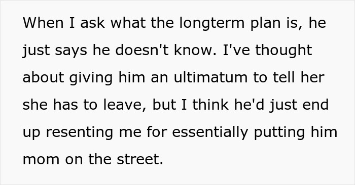 Text screenshot discussing frustration with partner's indecision about their mother-in-law living situation.