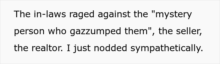 Text about in-laws upset over being outbid by a mystery buyer.