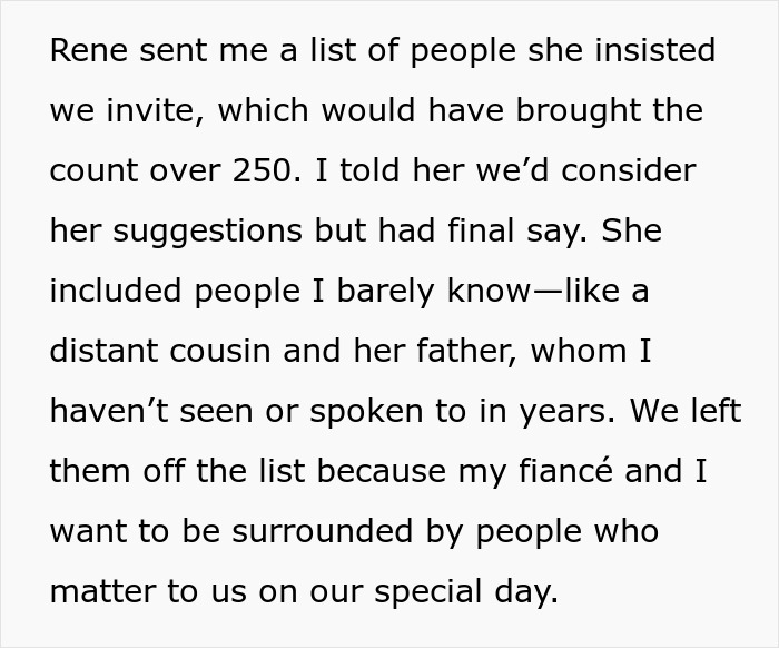 Text describing a conflict over wedding guest list, highlighting a dad choosing his wife over his daughter.