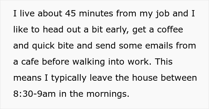 Text describing a husband's morning routine, mentioning leaving the house early for personal time.