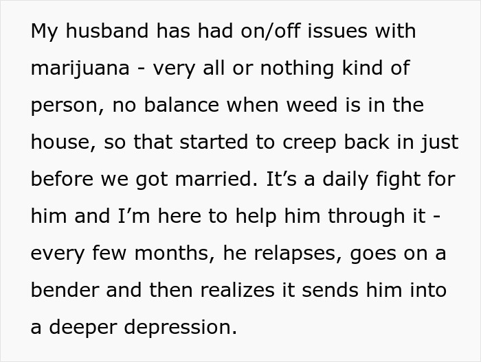 Text highlighting husband's struggle with marijuana affecting marriage dynamics.