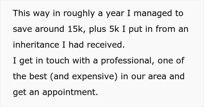 Text on saving $15k and receiving a $5k inheritance to book a professional appointment.