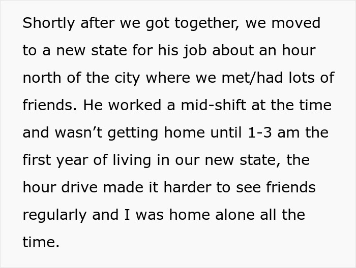 Text describing a couple's move for a husband's job and its impact on their social life and routine.