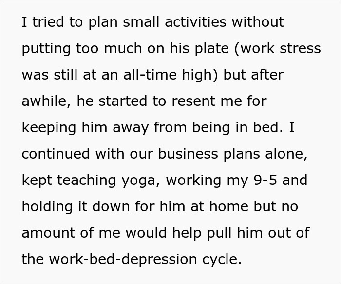 Text discusses stress, marriage challenges, and continuing to teach yoga despite husband's resentment.