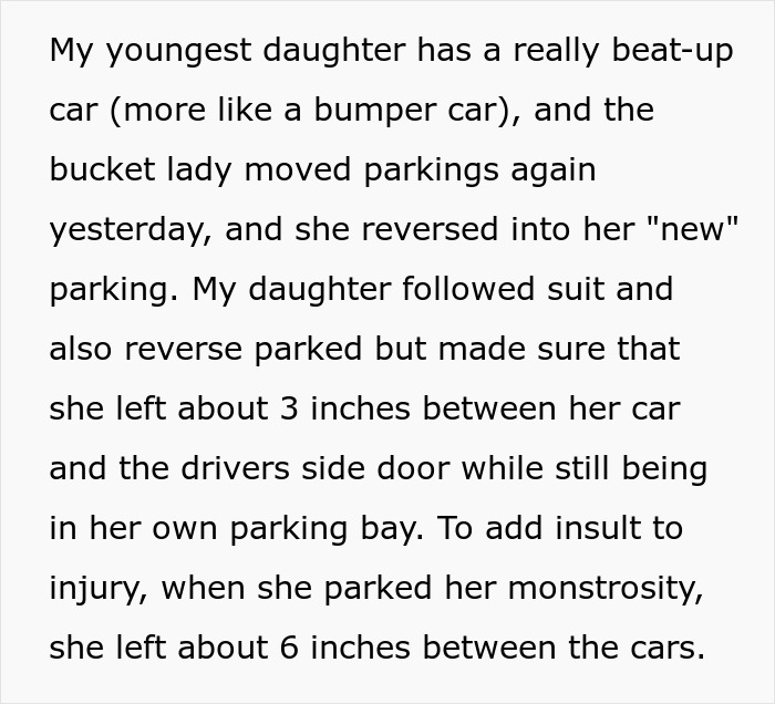 Text describing a parking issue involving the HOA chair's wife and a junker car as a response.