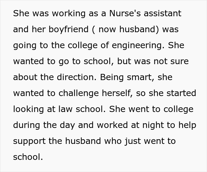 Text about a woman balancing nursing work while considering engineering and law school for a challenge.