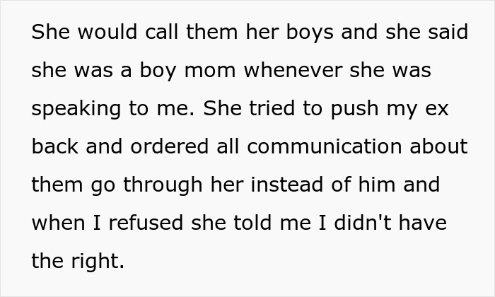 Text discussing a mom's refusal to allow their kids' stepmom to manage all communication.