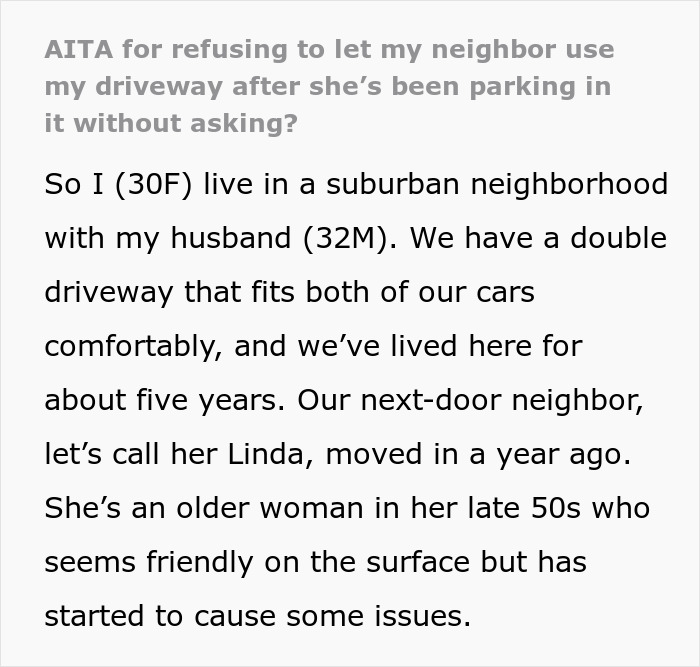 Text discussing neighbor parking car unauthorized, person living in a suburban neighborhood dealing with issues.