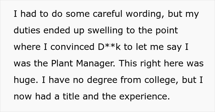 Text excerpt about an employee's role expansion and gaining the title of Plant Manager without a college degree.