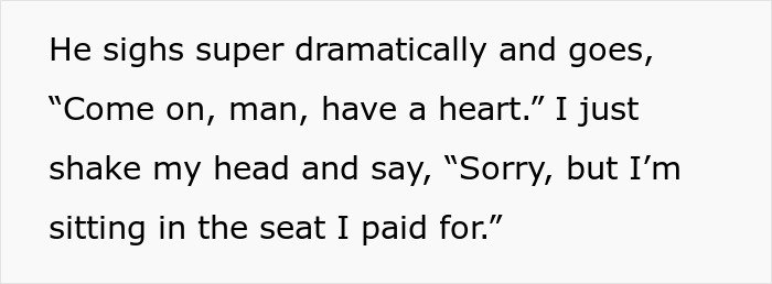 Text example about a man dramatically pleading for a window seat but failing; includes dialogue of refusal.