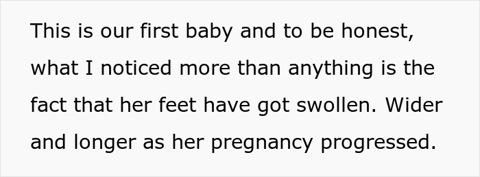 Text about swollen feet during pregnancy, noting their width and length increase, related to returning wife shoes.