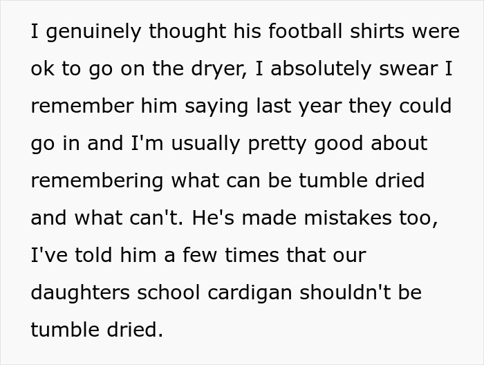 Text about laundry mistakes and drying clothes, mentioning football shirts and a daughter's school cardigan.