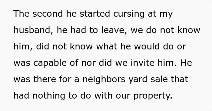 Text describing a conflict during a yard sale, involving a man refusing to leave a neighbor's property.