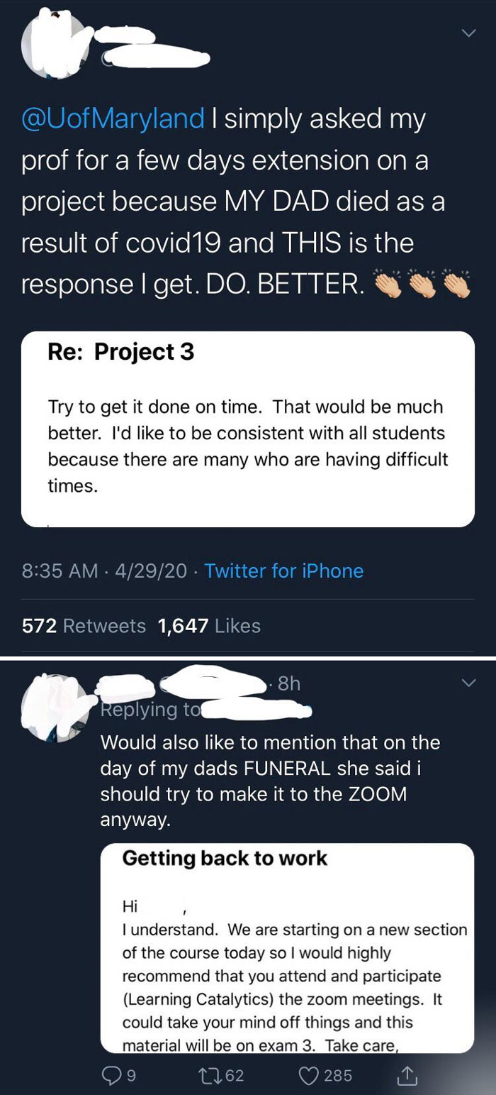 Twitter post criticizing bad, infuriating teachers for lack of empathy towards a grieving student.