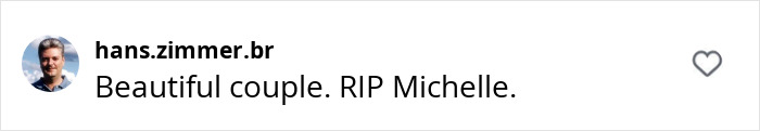 Comment by user "hans.zimmer.br" saying, "Beautiful couple. RIP Michelle" related to Michelle Trachtenberg's passing.