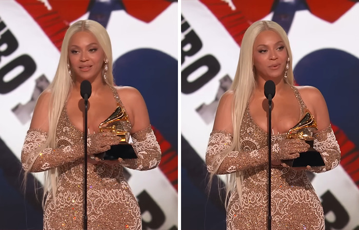 Beyoncé holding Grammy award in a glittering dress at the ceremony; related to stylist's comments on wardrobe malfunction.