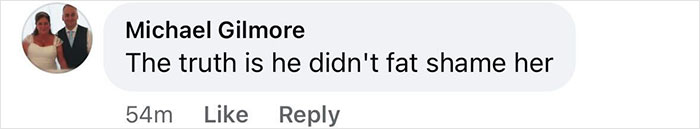 Comment text disputing fat-shaming accusations against Baldoni.