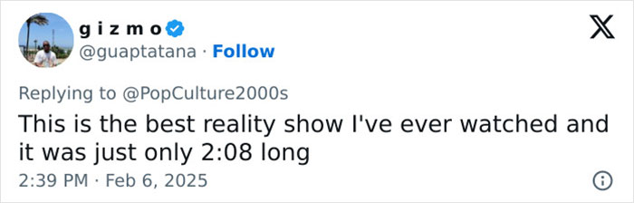 Tweet discussing a reality show scene, highlighting its impact despite being only 2:08 long.