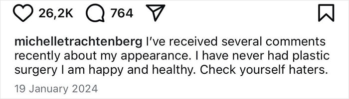 Instagram post by Michelle Trachtenberg addressing comments on appearance, affirming happiness and health, dated January 2024.