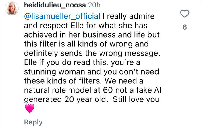 Comment criticizing Elle Macpherson's Photoshop use, highlighting the need for natural role models.