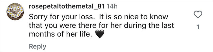 Comment expressing condolences, related to Michelle Trachtenberg. Black heart emoji at the end.