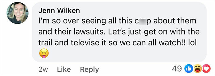 Comment expressing frustration about lawsuits, referencing doubts on fat-shaming accusations.