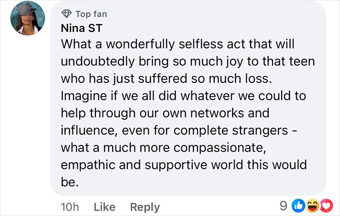 Facebook comment praising selflessness, with reactions at the bottom. Keywords: self promotion, Meghan Markle, charity.