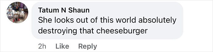 Comment praising a makeup-free look, mentioning a cheeseburger, possibly related to Tyra Banks.