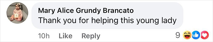 Comment by Mary Alice Grundy Brancato thanking help for a young lady, with engagement icons below.