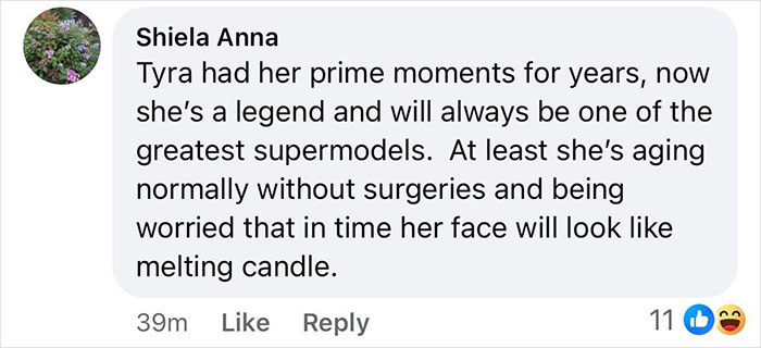 Comment about Tyra Banks’ legendary status and natural aging, without surgeries, from a user named Shiela Anna.